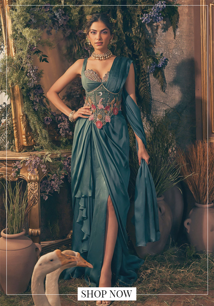 Teal draped saree set for day 2 of navratri