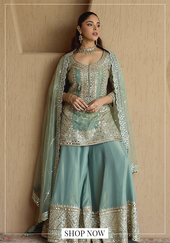 Teal embroidered kurta sharara set for day 2 of navratri