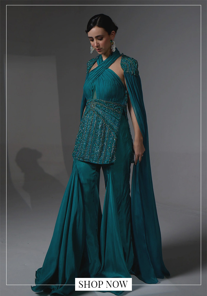 Teal kurta sharara set for day 2 of navratri