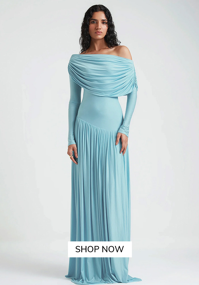 Tropical blue off-shoulder drop waist gown