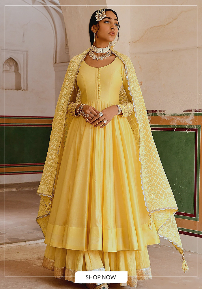 Yellow anarkali with flared pant set for day 1 of navrati