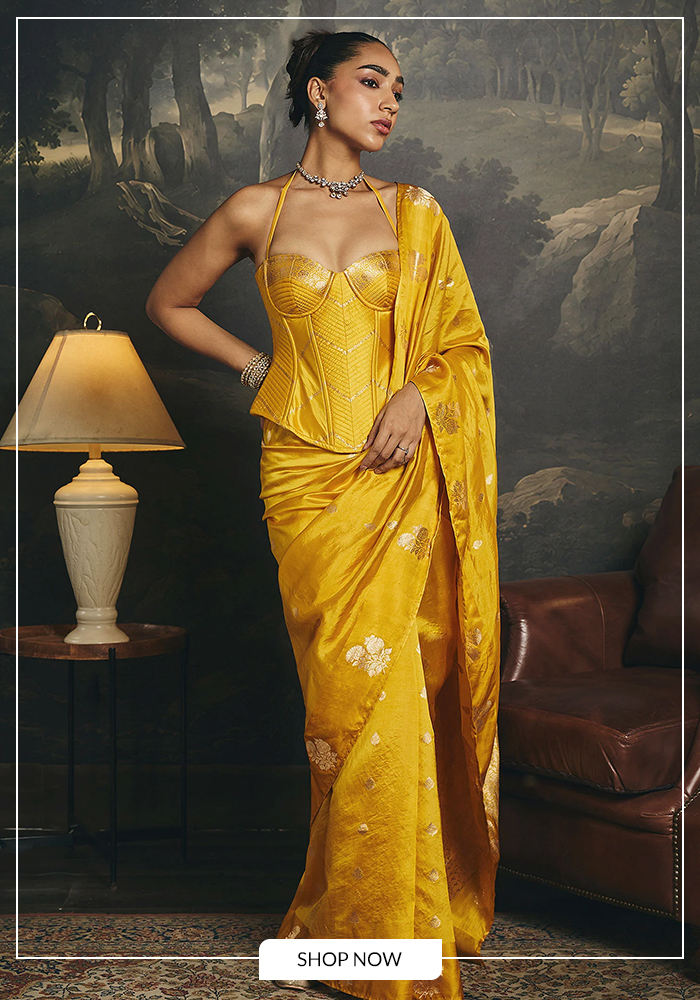 Yellow banarasi saree for day 1 of navratri