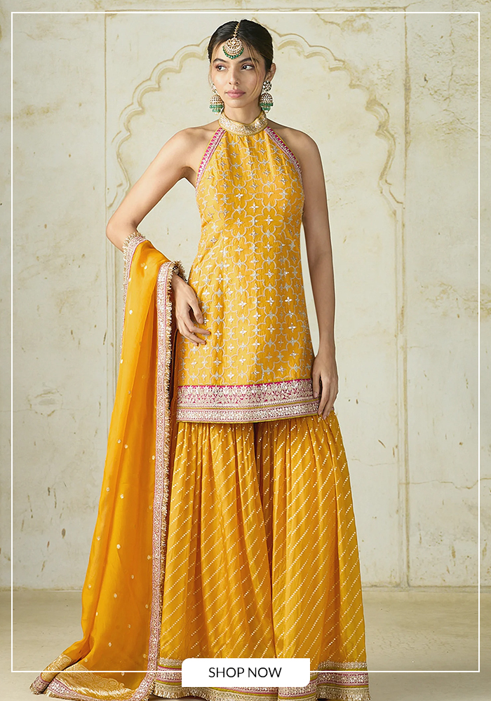 Yellow kurta sharara set for day 1 of navratri