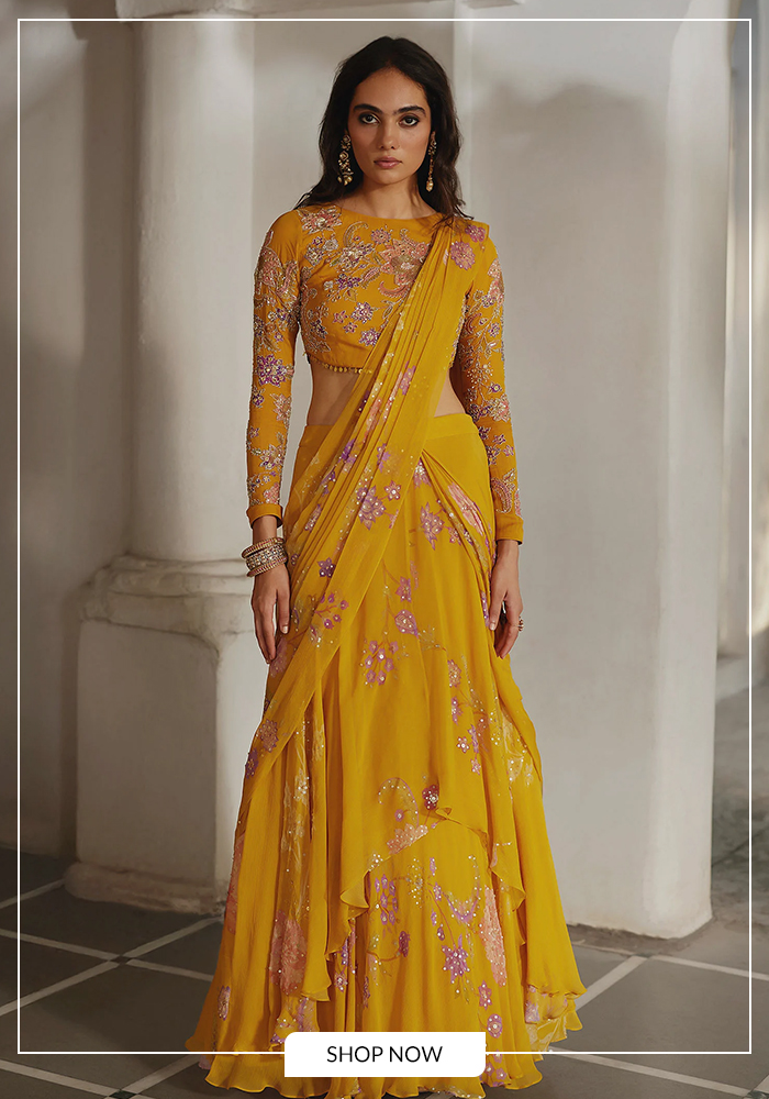 Yellow pre-draped saree set for Sashti morning