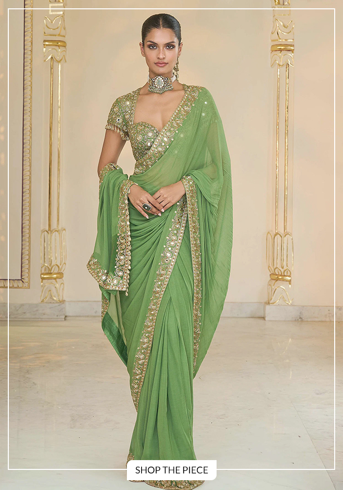 Arpita Mehta green hand embroidered saree