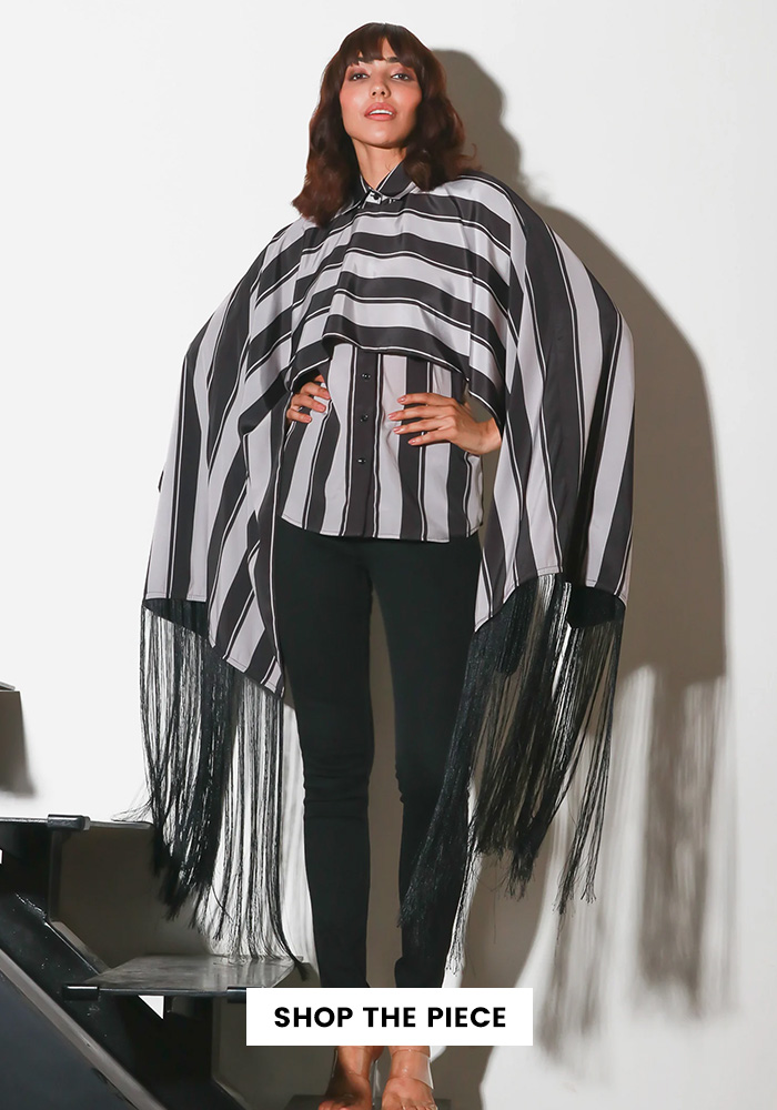 Balancing oversized stripe shirt with fitted trousers