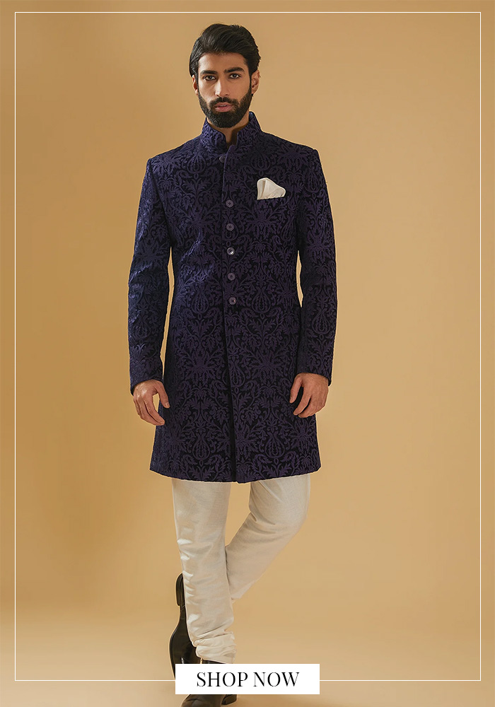 Blue embroidered achkan