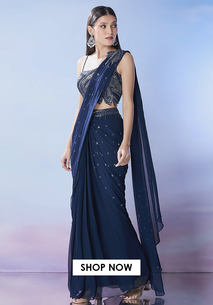 Blue embroidered pre-draped saree, perfect for dhanteras