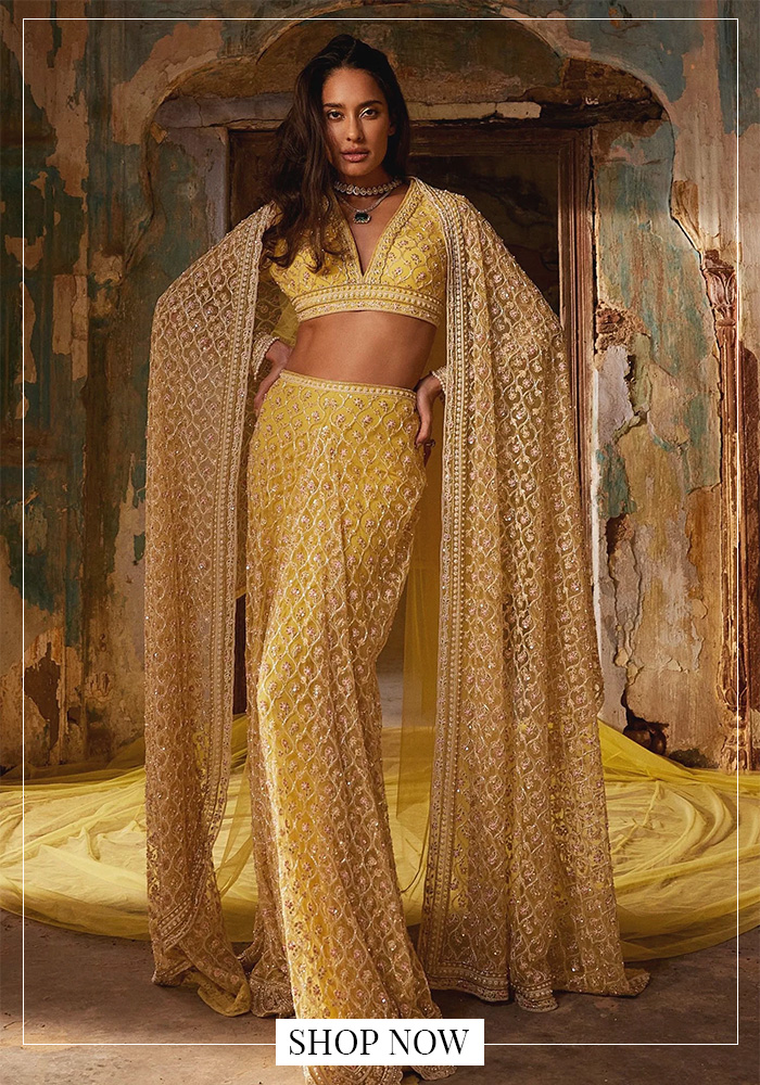 Butter yellow floral embroidered lehenga saree