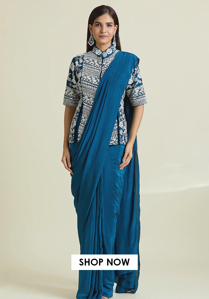 Dori embroidered slit blouse with pre-draped saree for dhanteras