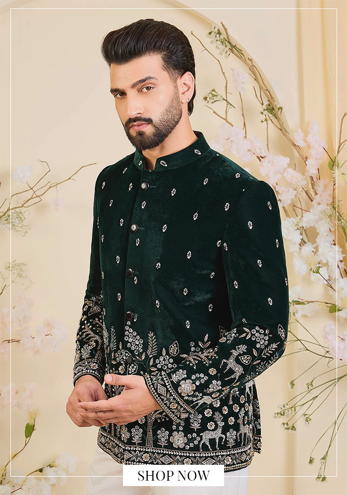 Emerald velvet bandhgala