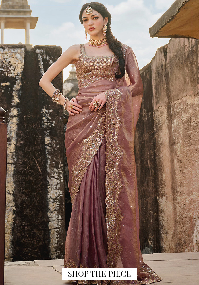 Floral zari embroidered pre-draped Lashkaraa saree