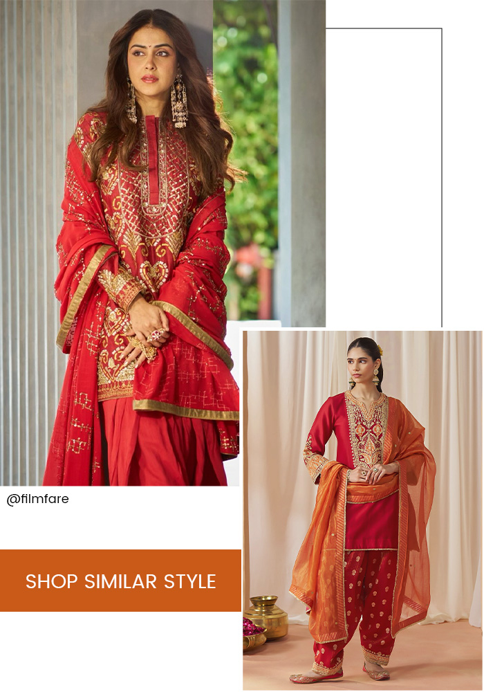Genelia D'Souza inspired red embrodiered kurta set for karwa chauth