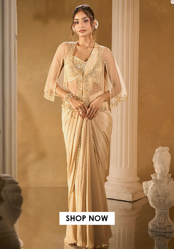 Gold sequinned pre-draped saree for dhanteras