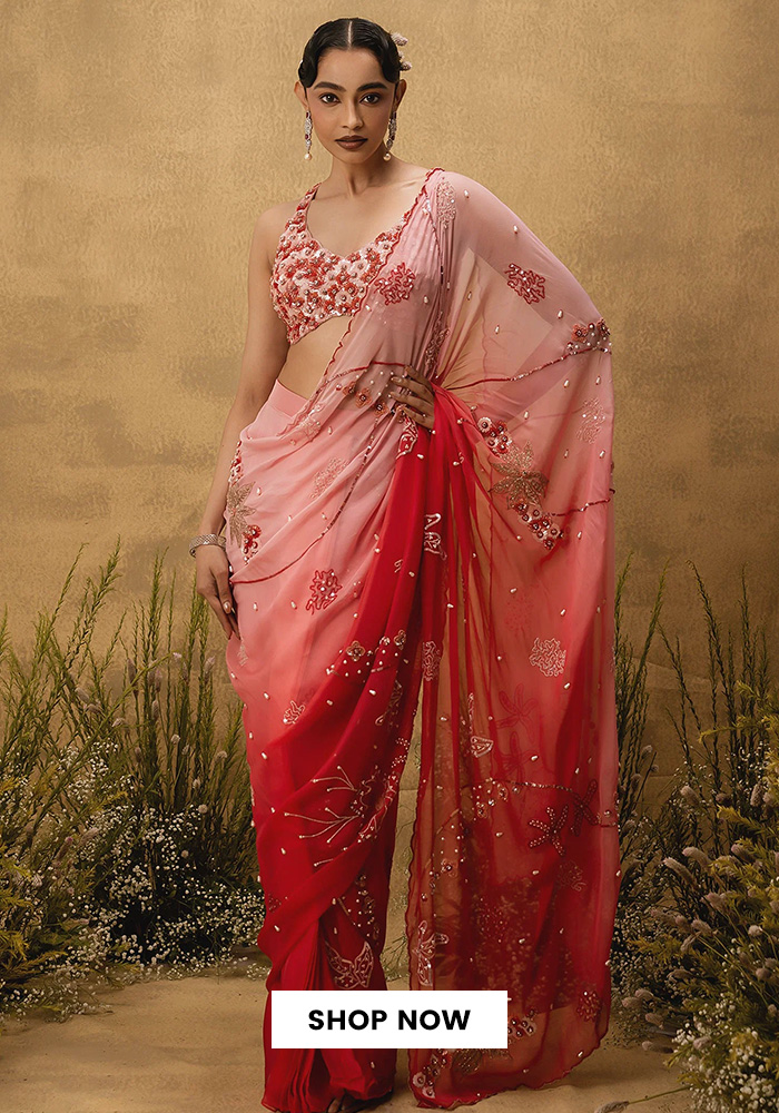 Hand embroidered ombre pre-draped saree