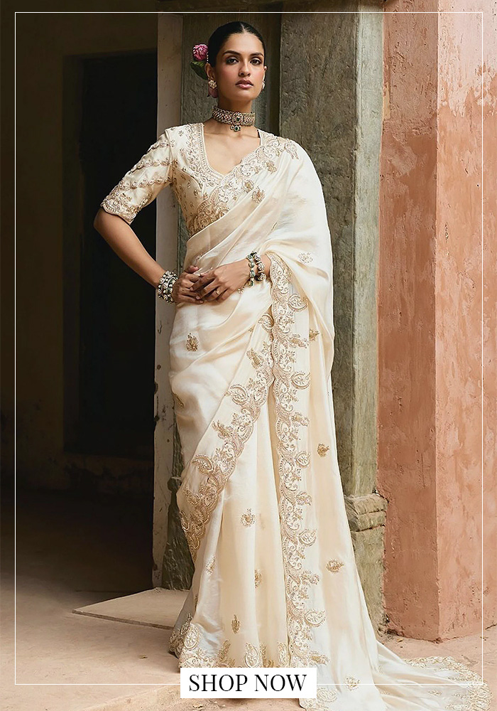 Ivory silk embroidered saree