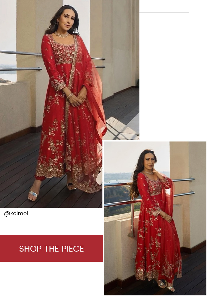 Karisma Kapoor inspired red embroidered anarkali for karwa chauth