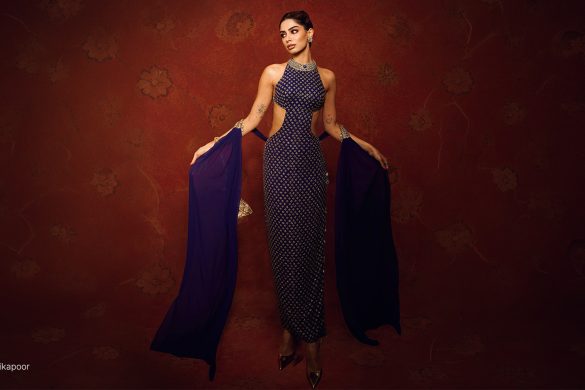 Khushi Kapoor wearing purple Arpita Mehta mirror-work gown