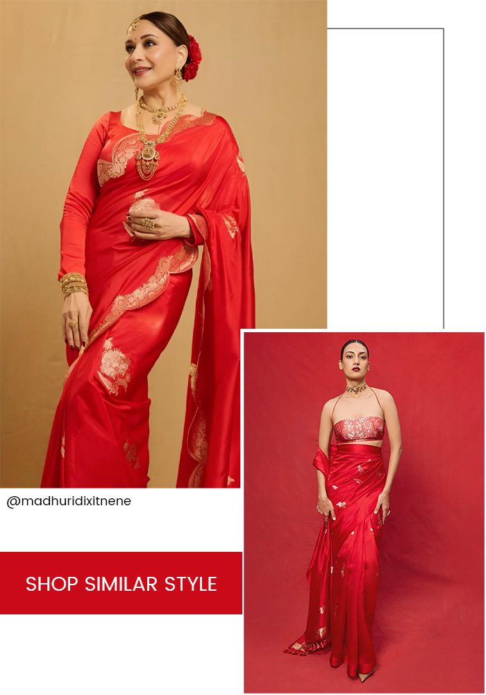 Madhuri Dixit inspired red banarasi saree for karwa chauth