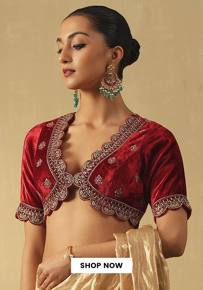 Maroon hand embroidered velvet blouse