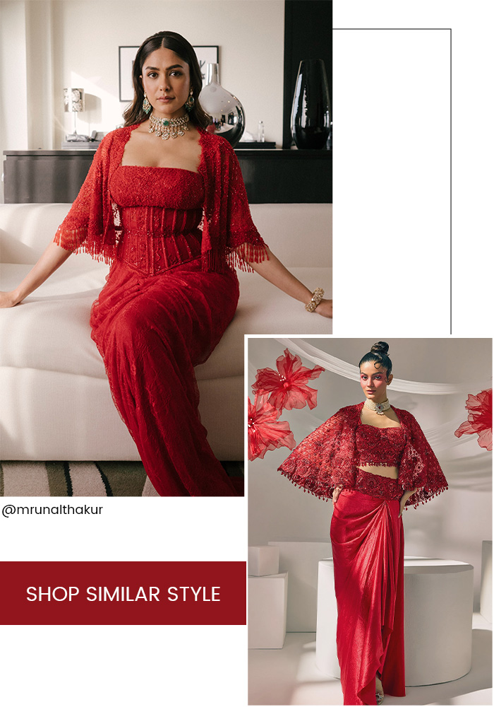 Mrunal Thakur inspired red cape and skirt set for karwa chauth