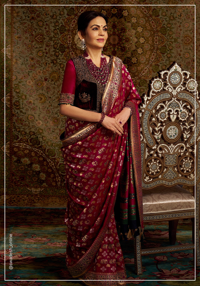 Nita Ambani wearing rare Ashavali brocade saree by Royal Weaves