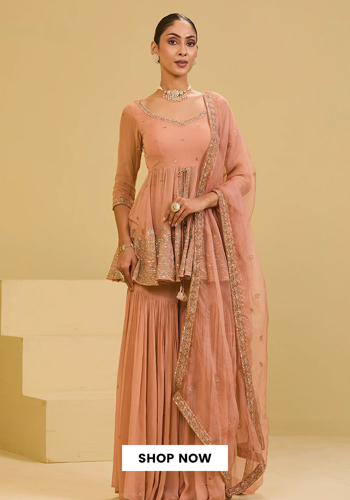 Peach peplum kurta set with dupatta