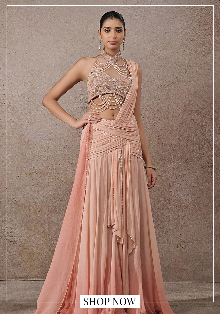 Peach pre-draped saree set