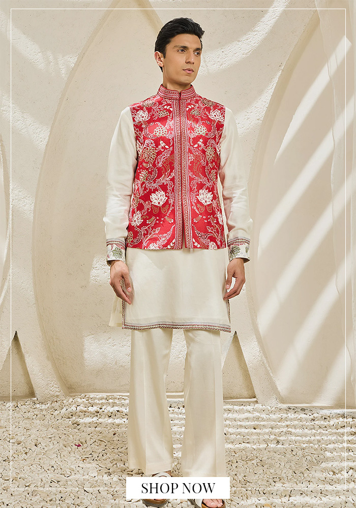 Red and white jacket kurta set