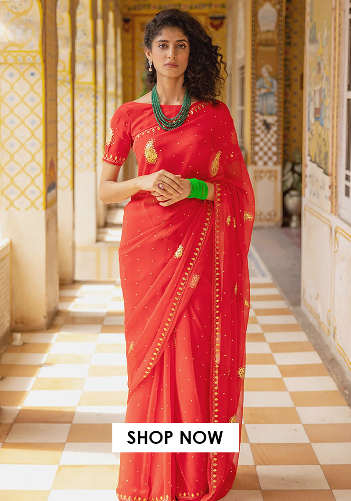 Red embroidered saree for chhath puja