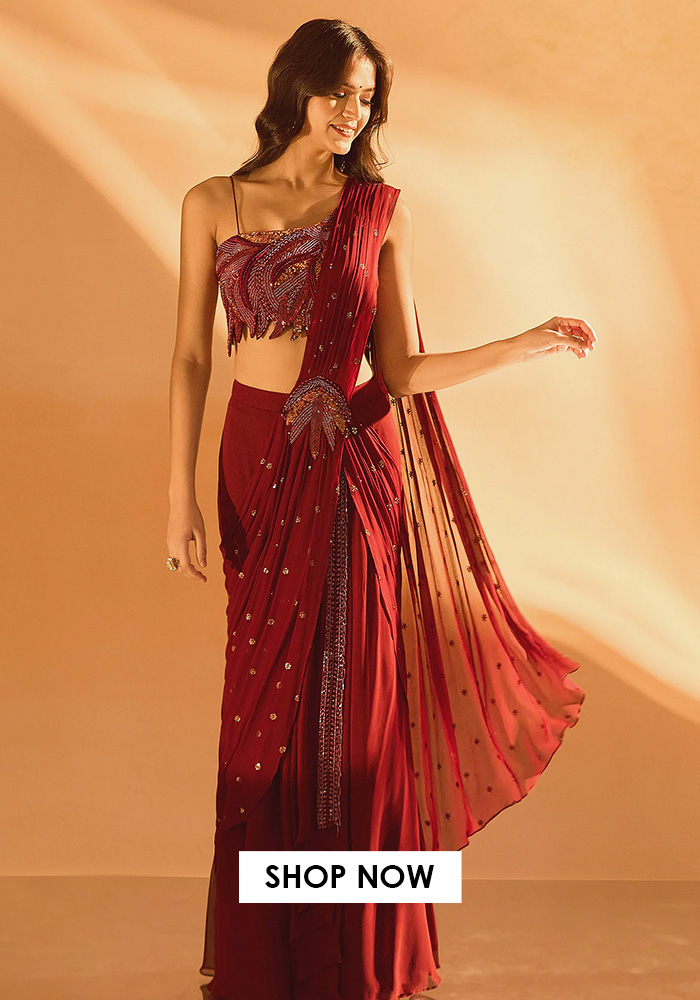 Sequin embroidered pre-draped saree for dhanteras