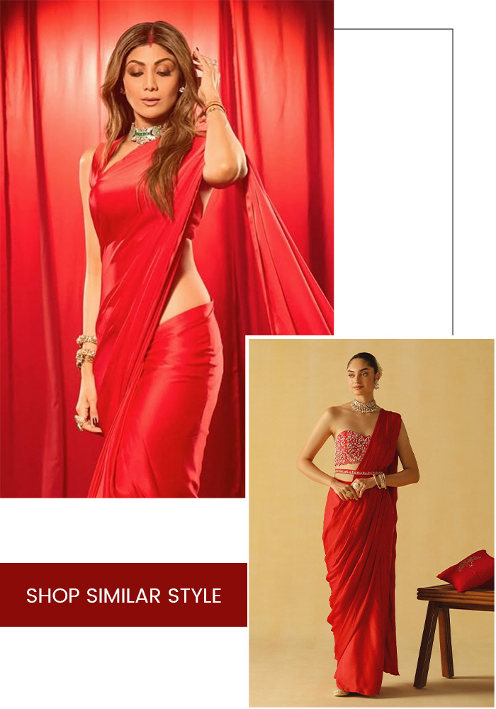 Shilpa Shetty inspired red satin saree for karwa chauth